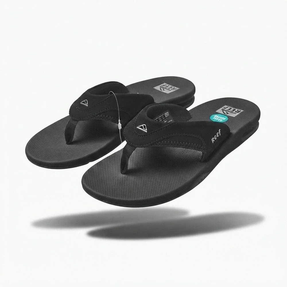 Reef Fanning Flip Flops Mens 9 Black Silver Bottle Opener RF002026BLS **NEW**